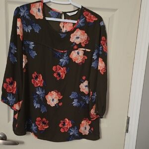 Cato Floral Blouse with Red and Blue Accents Backround Is Olive Green